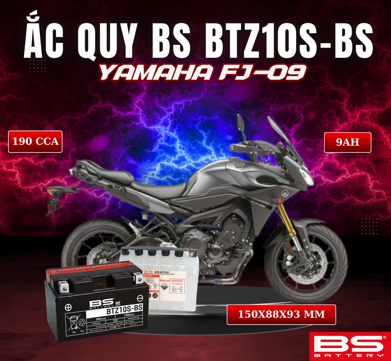 BÌNH ẮC QUY BS BATTERY BTZ10S-BS 190CCA YAMAHA FJ-09 (150 x 88 x 93 mm)