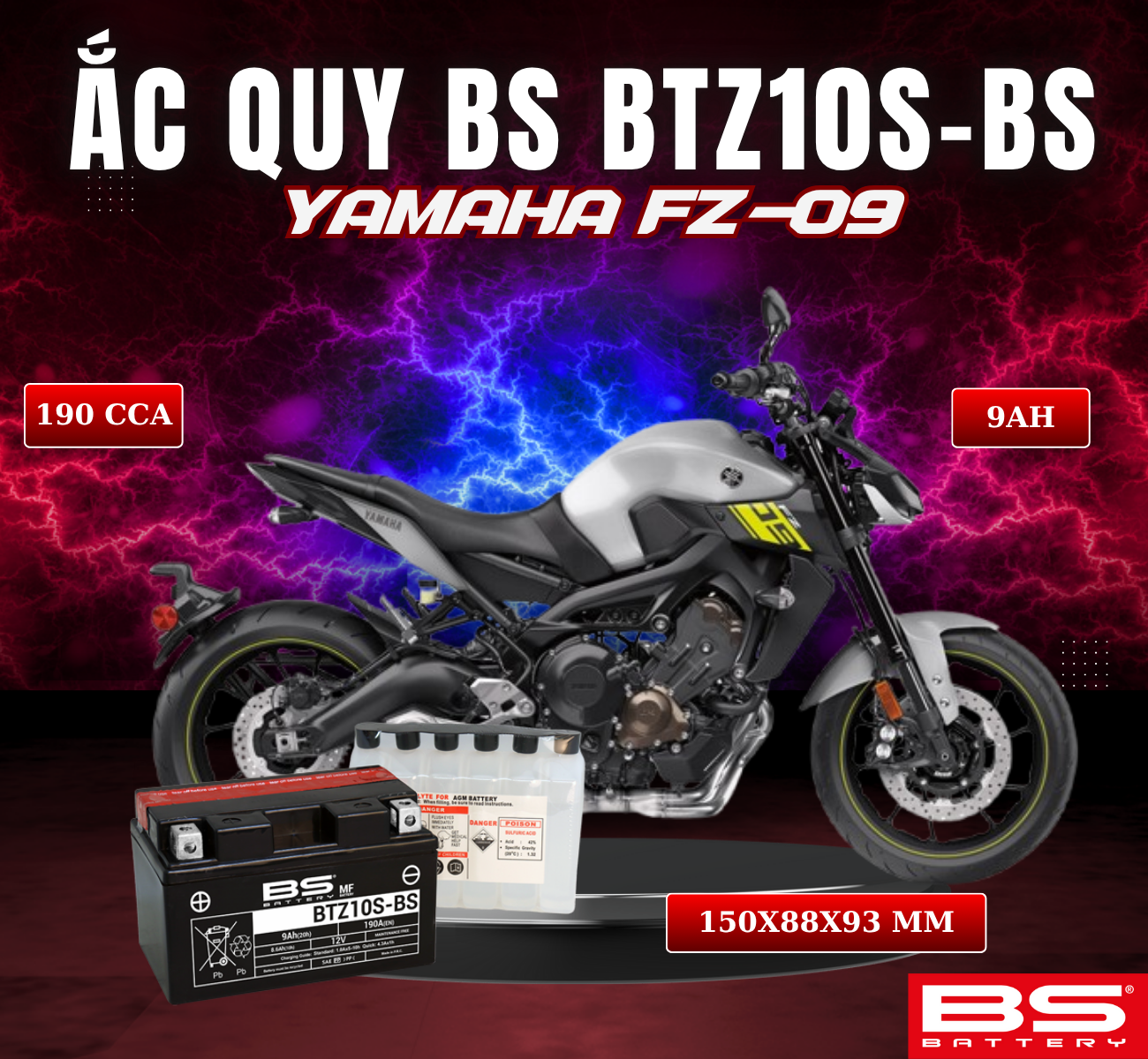 BÌNH ẮC QUY BS BATTERY BTZ10S-BS 190CCA YAMAHA FZ-09 (150 x 88 x 93 mm)