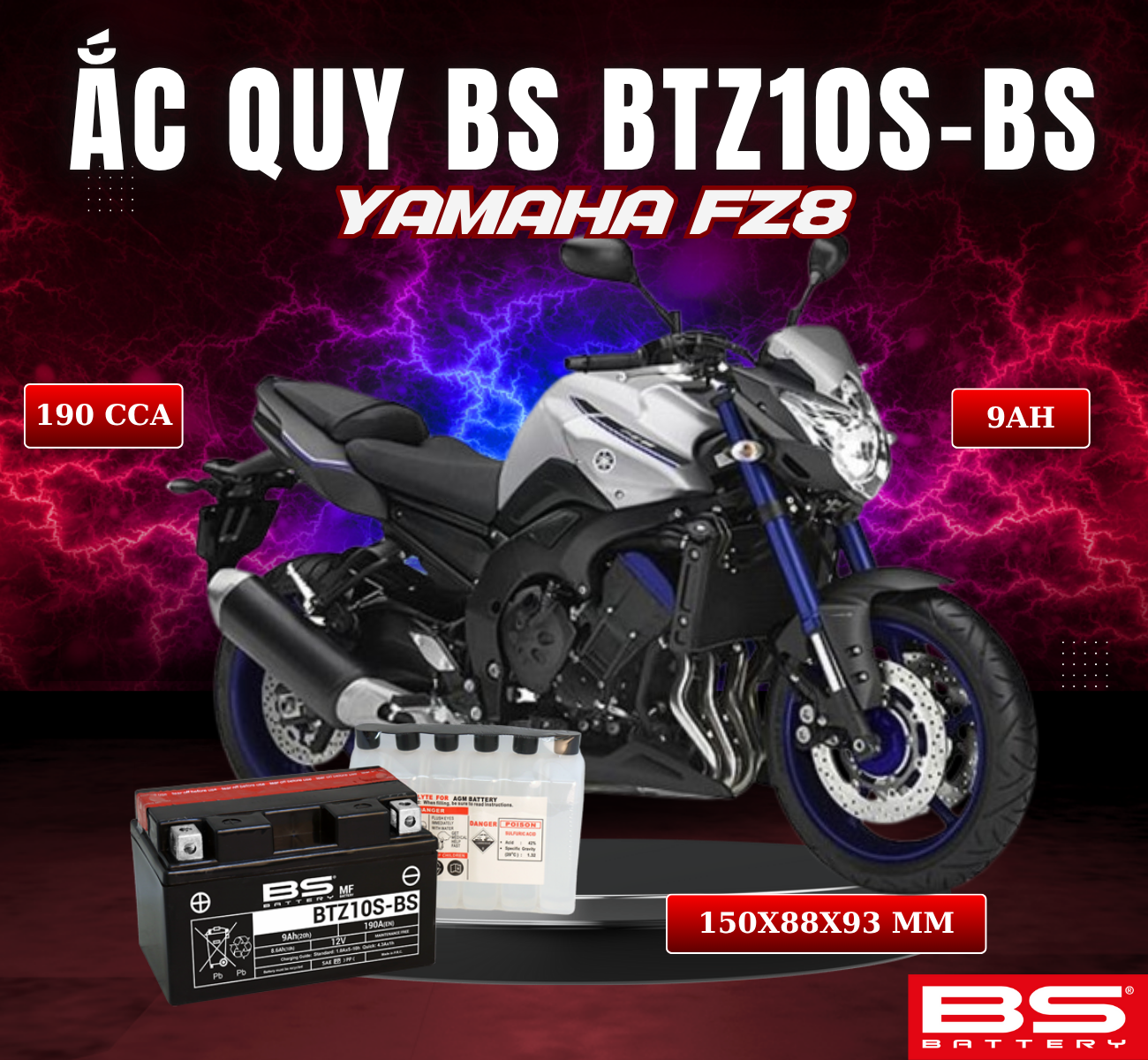 BÌNH ẮC QUY BS BATTERY BTZ10S-BS 190CCA YAMAHA FZ8 (150 x 88 x 93 mm)