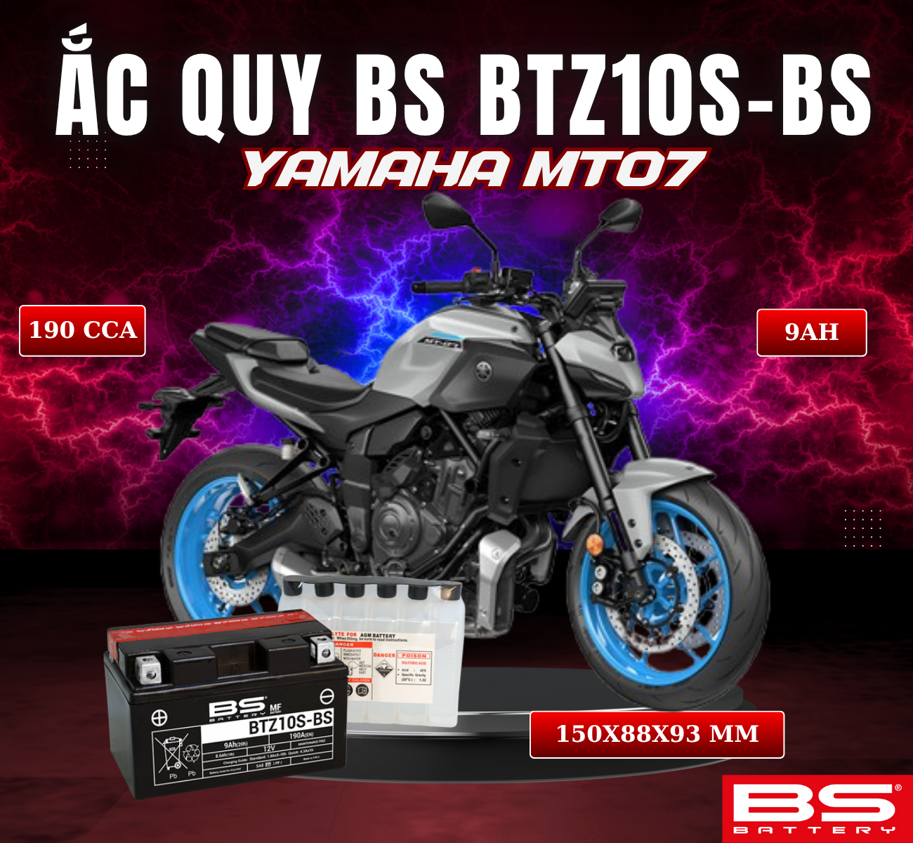 BÌNH ẮC QUY BS BATTERY BTZ10S-BS 190CCA YAMAHA MT07 (150 x 88 x 93 mm)
