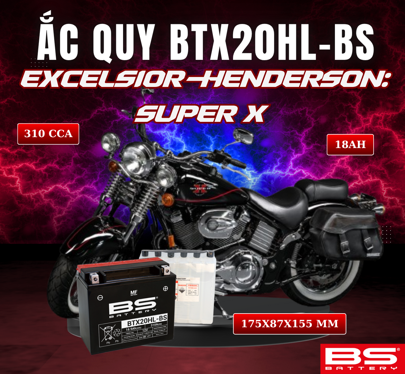 BÌNH ẮC QUY BS BTX20HL-BS 310CCA EXCELSIOR-HENDERSON SUPER X (175x87x155 mm)