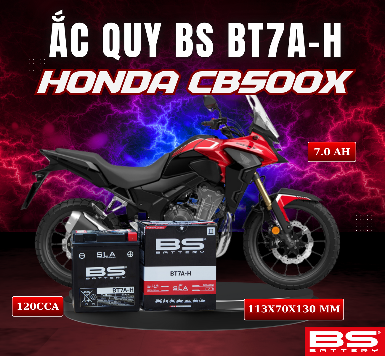 BÌNH ẮC QUY BS BT7A-H 120CCA HONDA CB500X (113x70x130 mm)