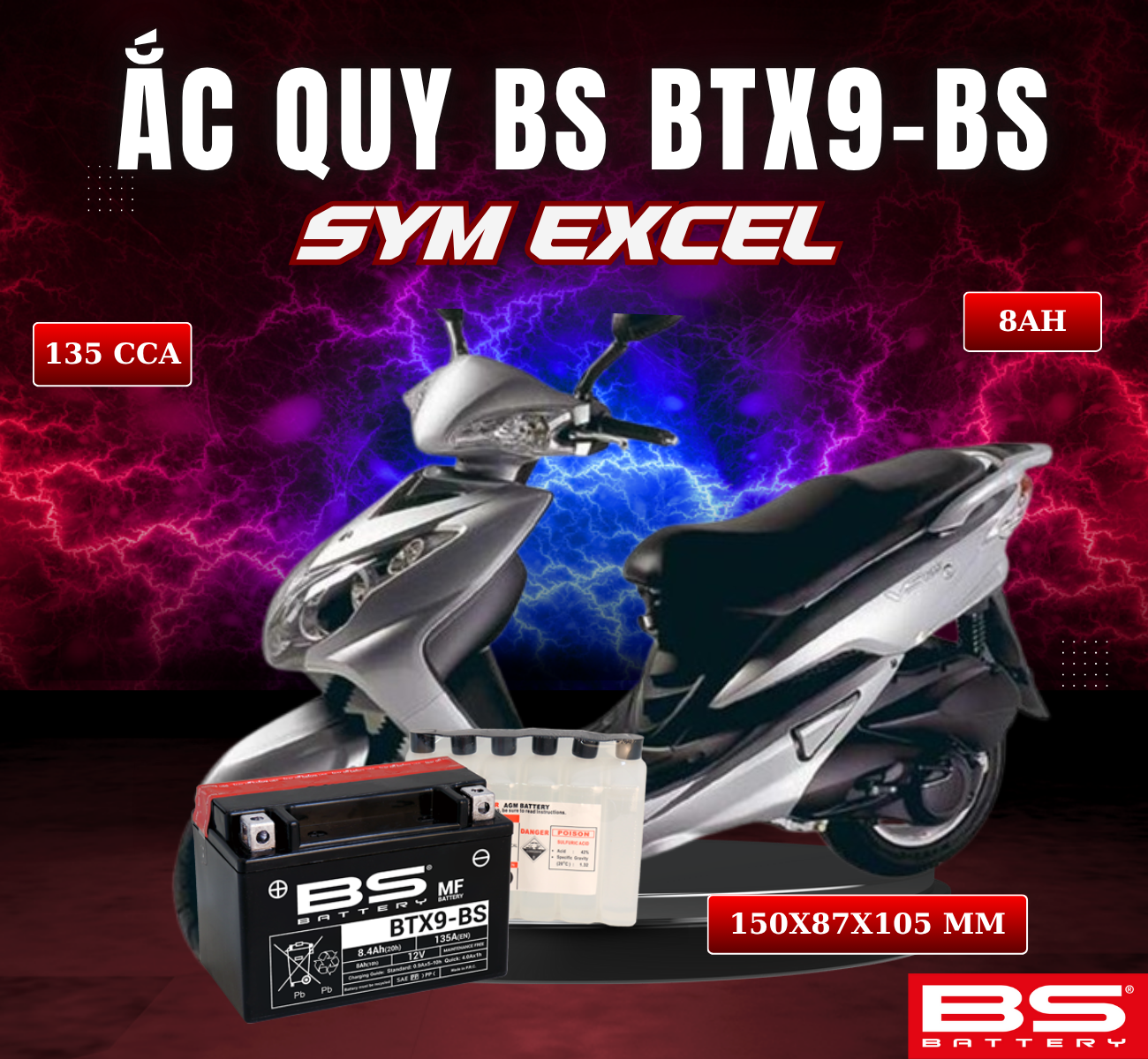BÌNH ẮC QUY BS BATTERY BTX9-BS 135CCA SYM EXCEL (150 x 87 x 105 mm)