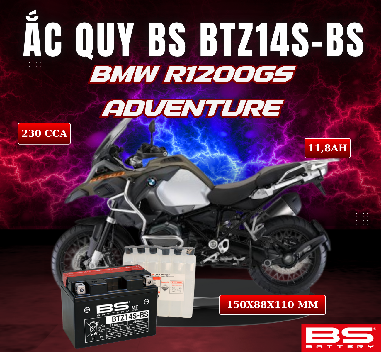 BÌNH ẮC QUY BS BTZ14S-BS 230CCA BMW R1200GS ADVENTURE (150x88x110 mm)