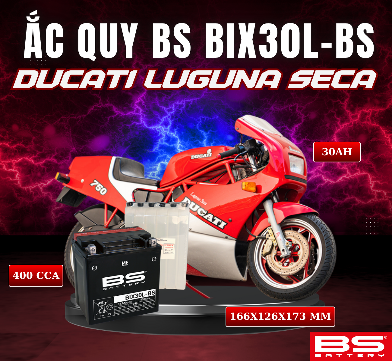 BÌNH ẮC QUY BS BIX30L-BS 400CCA DUCATI LUGUNA SECA (166x126x173 mm)
