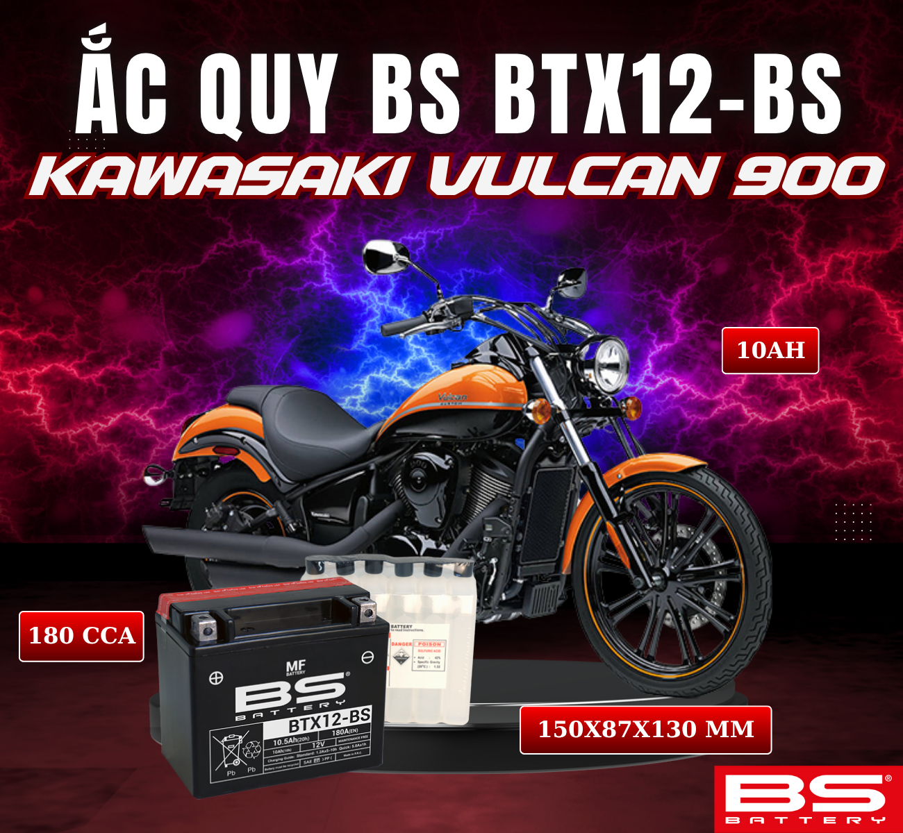 BÌNH ẮC QUY BS BTX12-BS 180CCA KAWASAKI VULCAN 900 (150x87x130 mm)