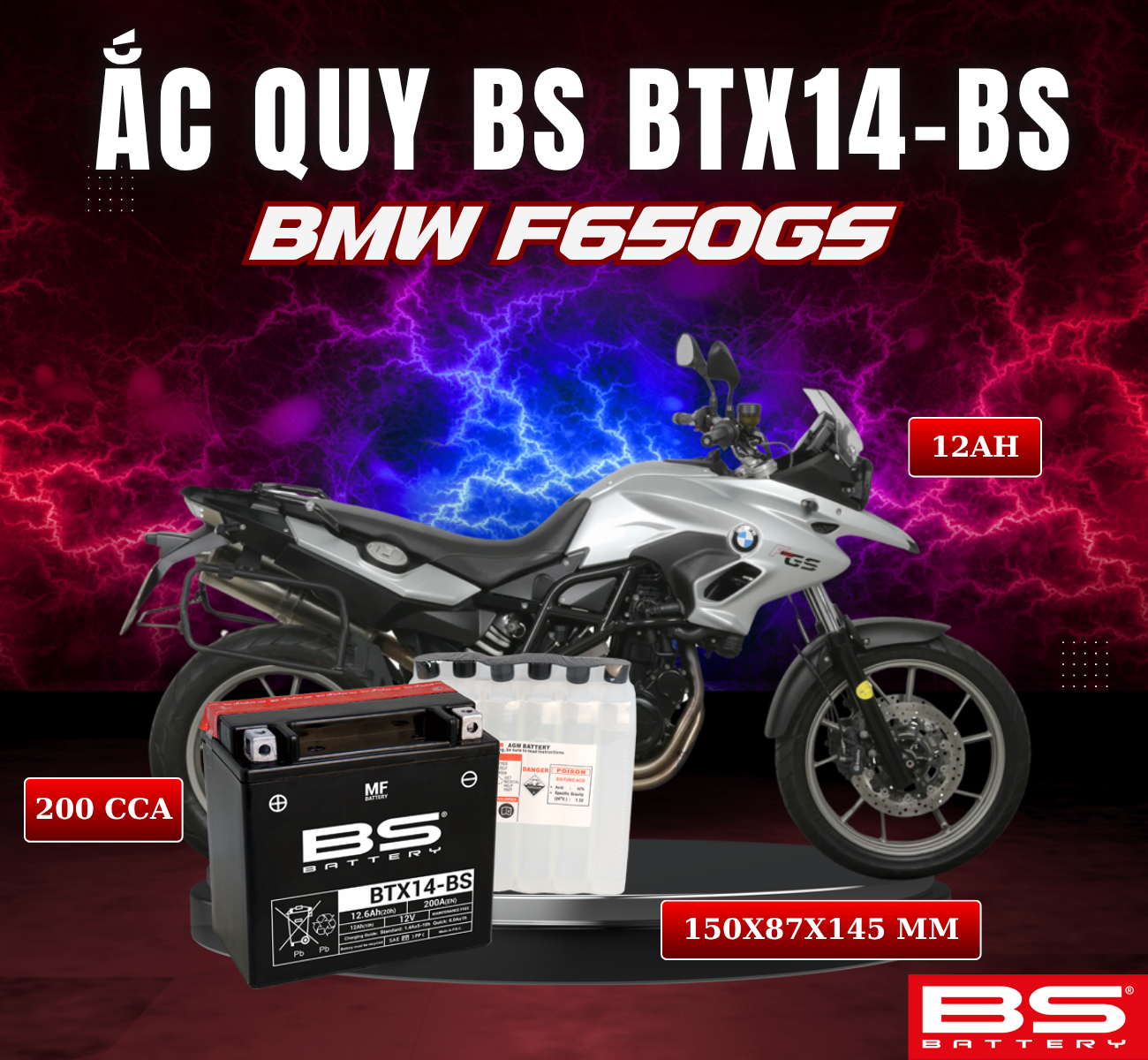 BÌNH ẮC QUY BS BTX14-BS 200CCA BMW F650GS 08-12 (150x87x145 mm)
