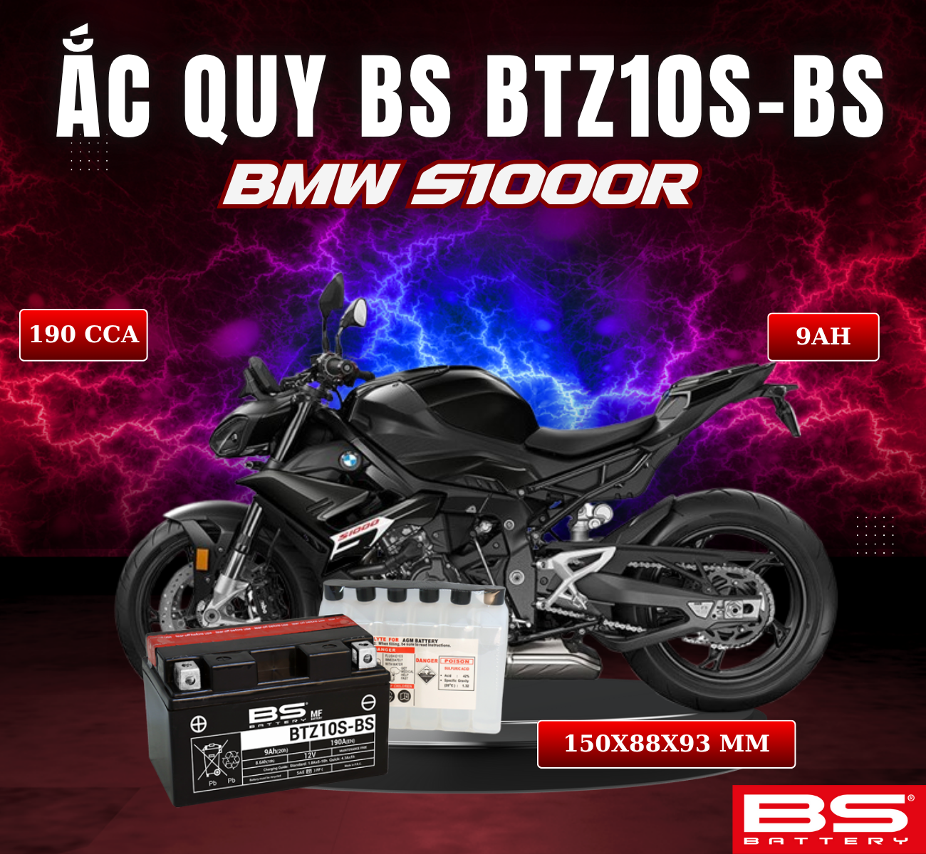 BÌNH ẮC QUY BS BATTERY BTZ10S-BS 190CCA BMW S1000R (150 x 88 x 93 mm)