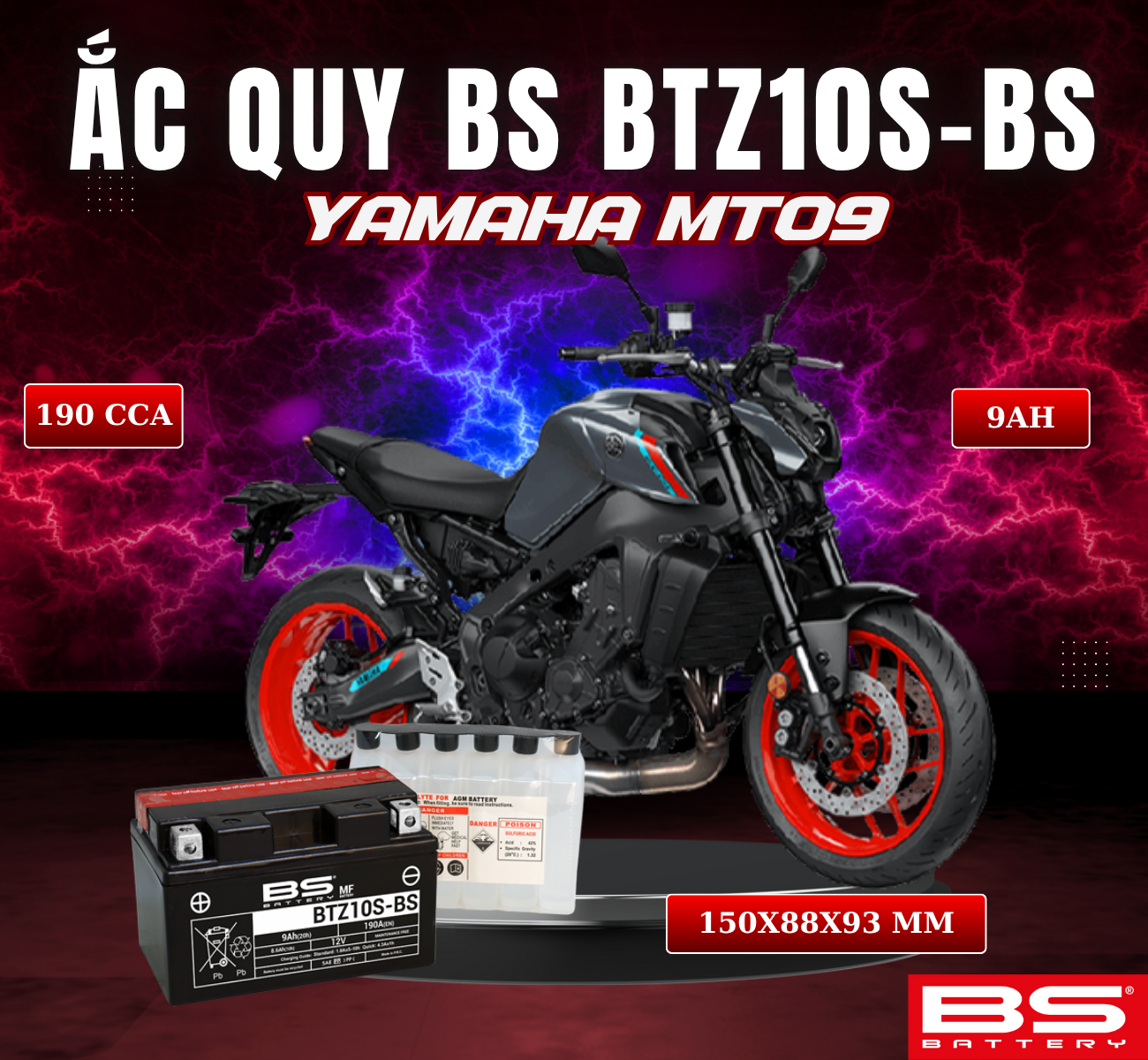 BÌNH ẮC QUY BS BATTERY BTZ10S-BS 190CCA YAMAHA MT09 (150 x 88 x 93 mm)