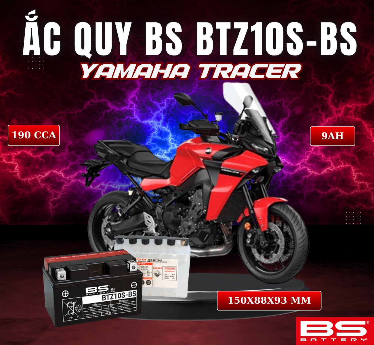 BÌNH ẮC QUY BS BATTERY BTZ10S-BS 190CCA YAMAHA TRACER (150 x 88 x 93 mm)