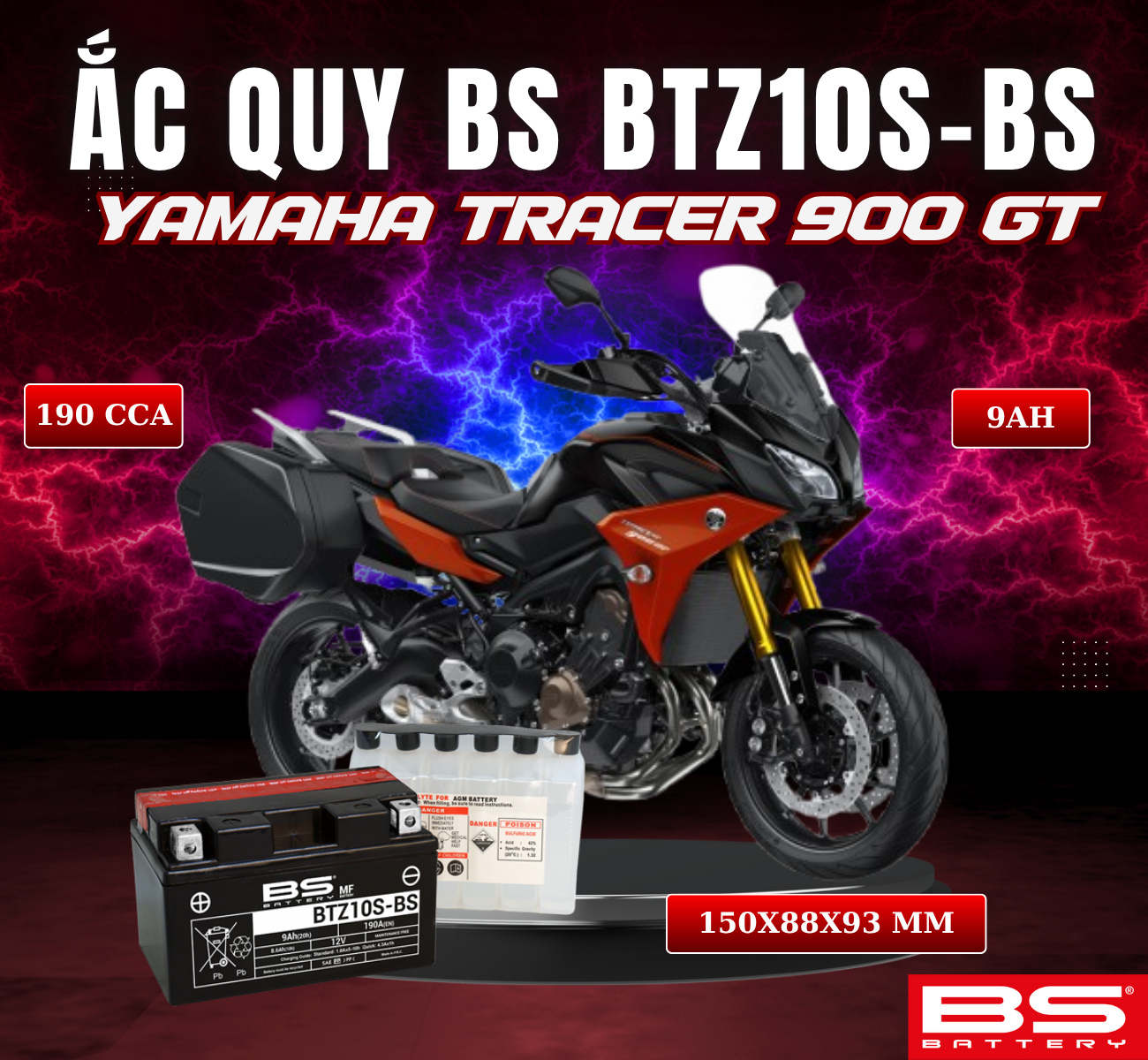 BÌNH ẮC QUY BS BATTERY BTZ10S-BS 190CCA YAMAHA TRACER 900 GT (150 x 88 x 93 mm)