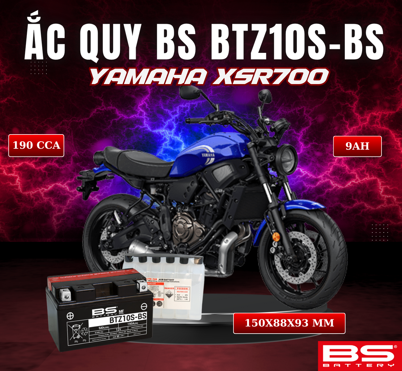 BÌNH ẮC QUY BS BATTERY BTZ10S-BS 190CCA YAMAHA  XSR700 (150 x 88 x 93 mm)