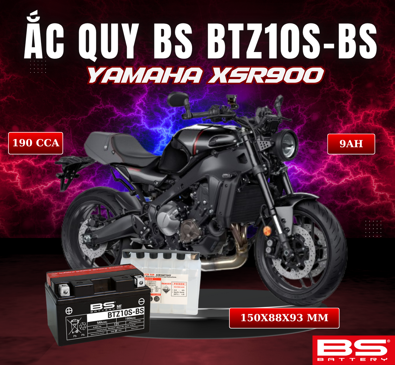 BÌNH ẮC QUY BS BATTERY BTZ10S-BS 190CCA YAMAHA SXR900 (150 x 88 x 93 mm)