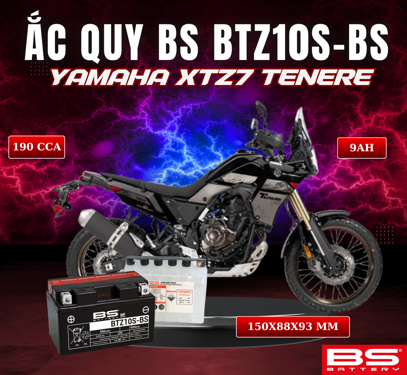 BÌNH ẮC QUY BS BATTERY BTZ10S-BS 190CCA YAMAHA XTZ7 TENERE (150 x 88 x 93 mm)