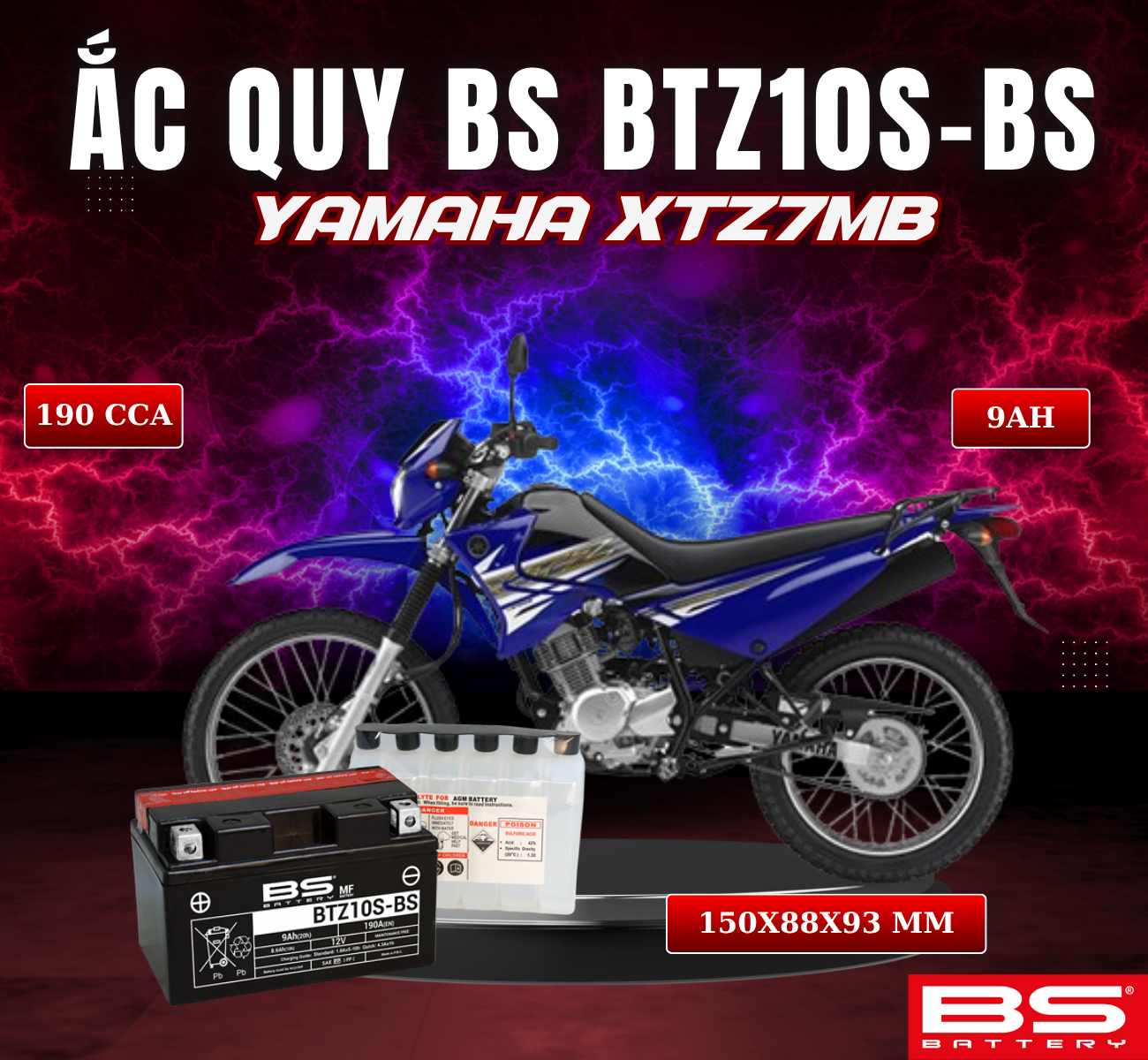 BÌNH ẮC QUY BS BATTERY BTZ10S-BS 190CCA XTZ7MB (150 x 88 x 93 mm)