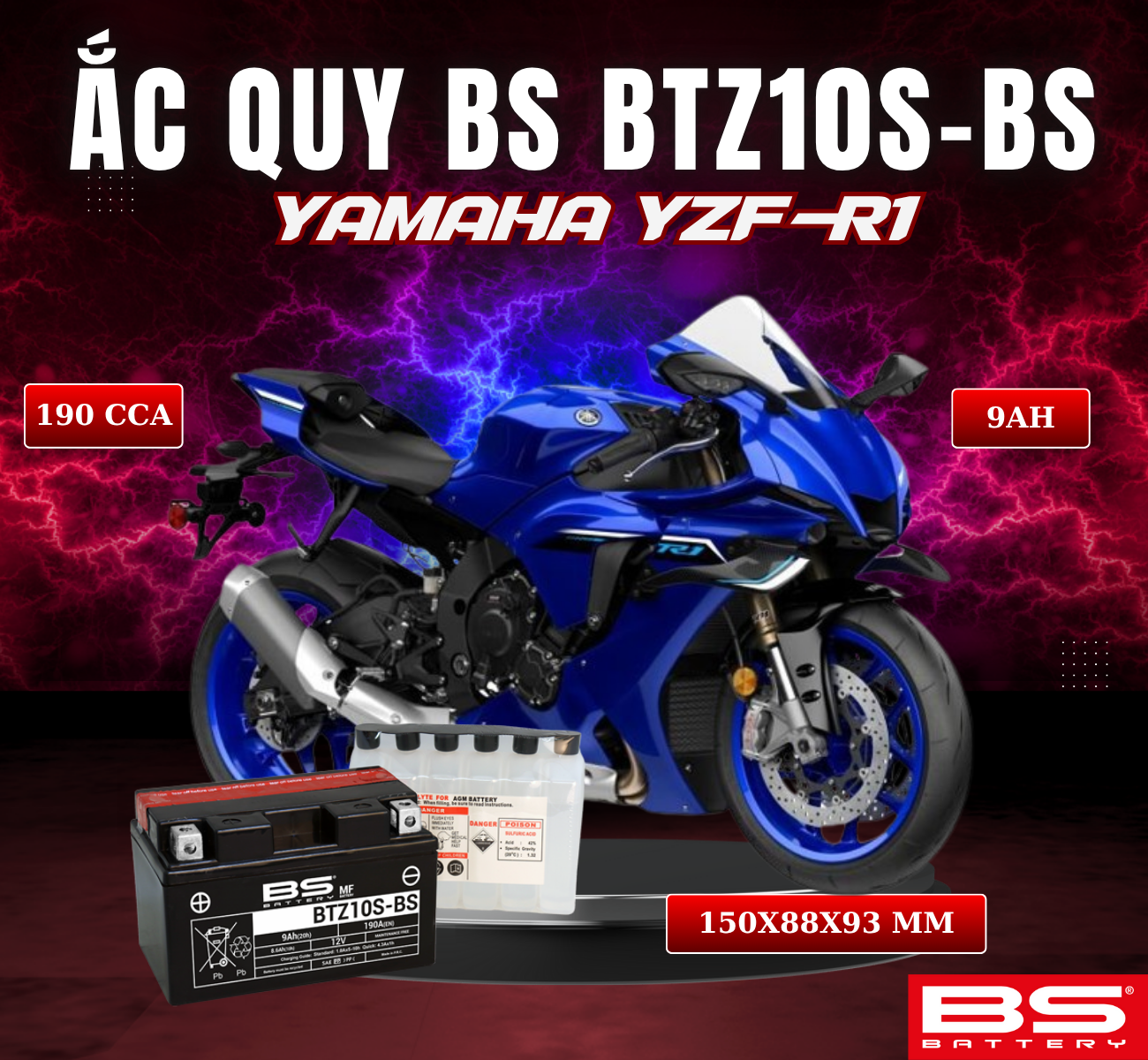 BÌNH ẮC QUY BS BATTERY BTZ10S-BS 190CCA YAMAHA YZF-R1 (150 x 88 x 93 mm)