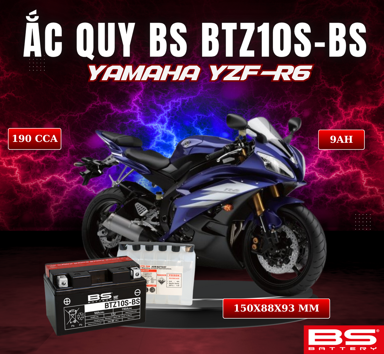 BÌNH ẮC QUY BS BATTERY BTZ10S-BS 190CCA YAMAHA YZF-R6 (150 x 88 x 93 mm)