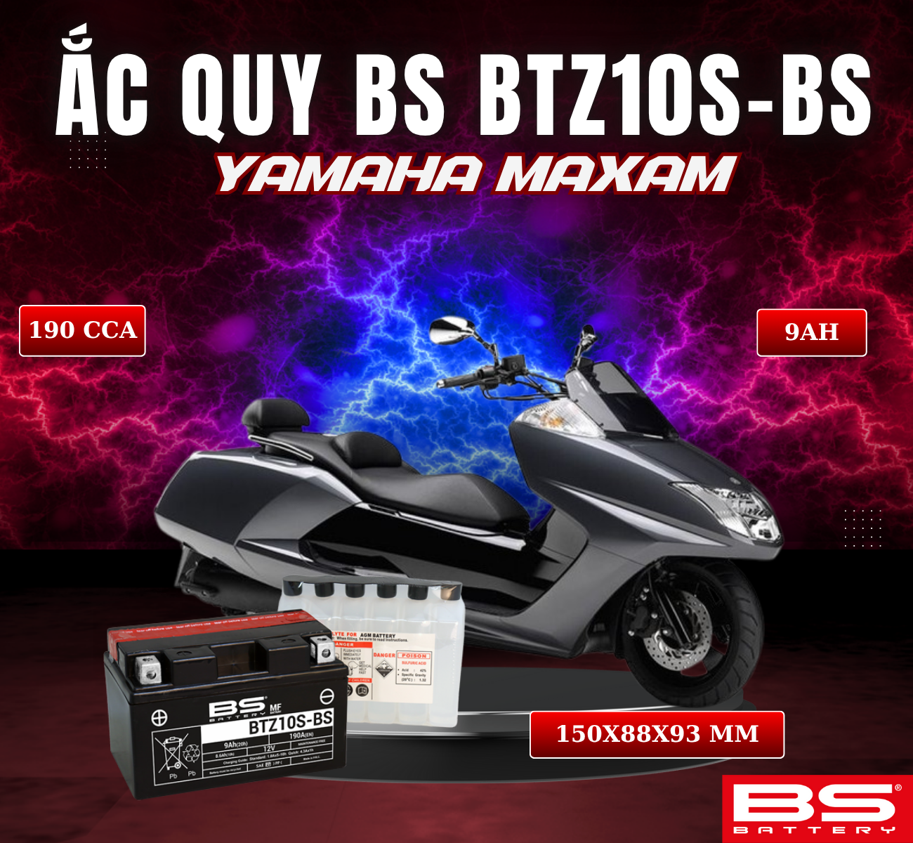 BÌNH ẮC QUY BS BATTERY BTZ10S-BS 190CCA YAMAHA MAXAM (150 x 88 x 93 mm)