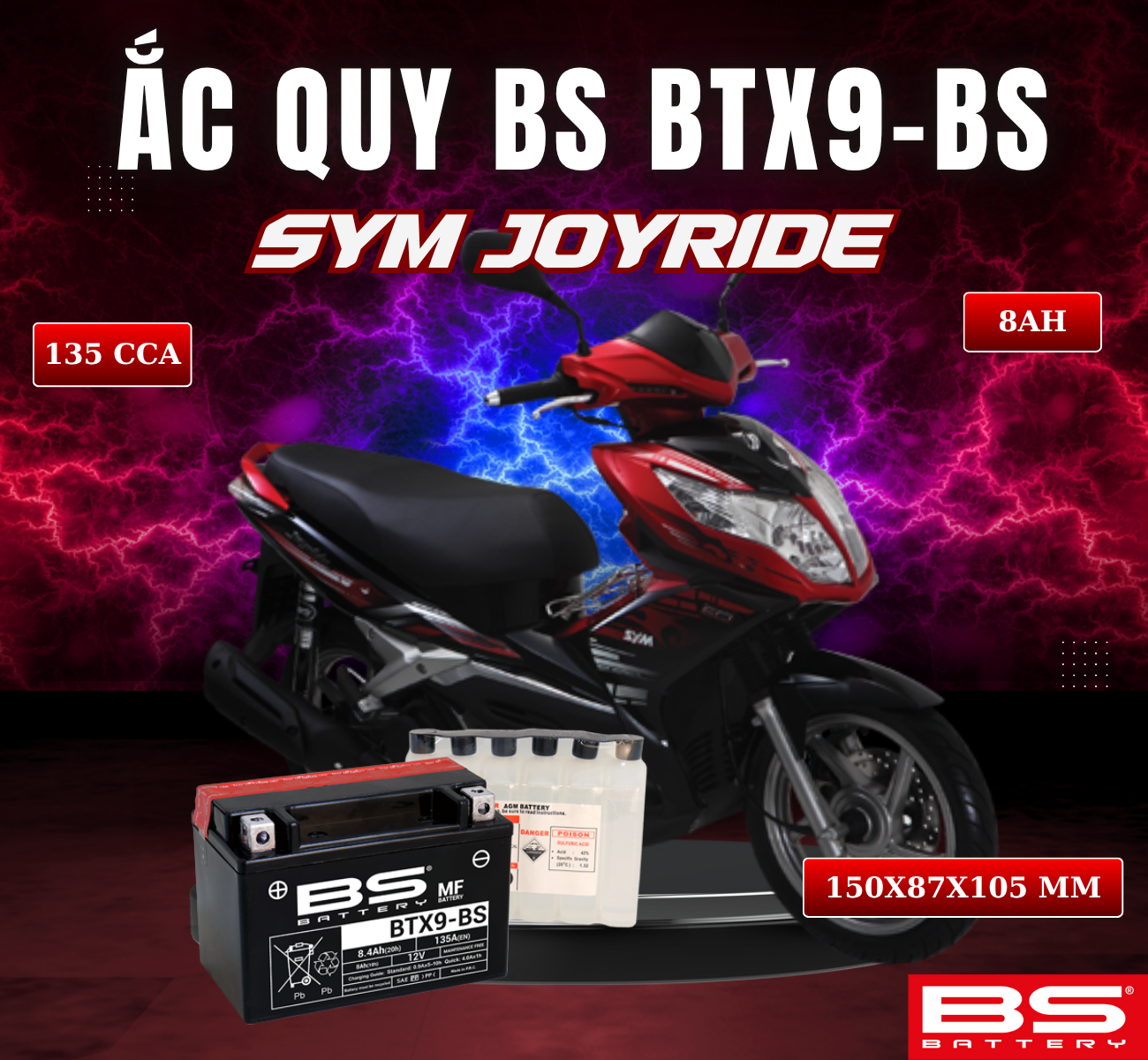 BÌNH ẮC QUY BS BATTERY BTX9-BS 135CCA SYM JOYRIDE (150 x 87 x 105 mm)