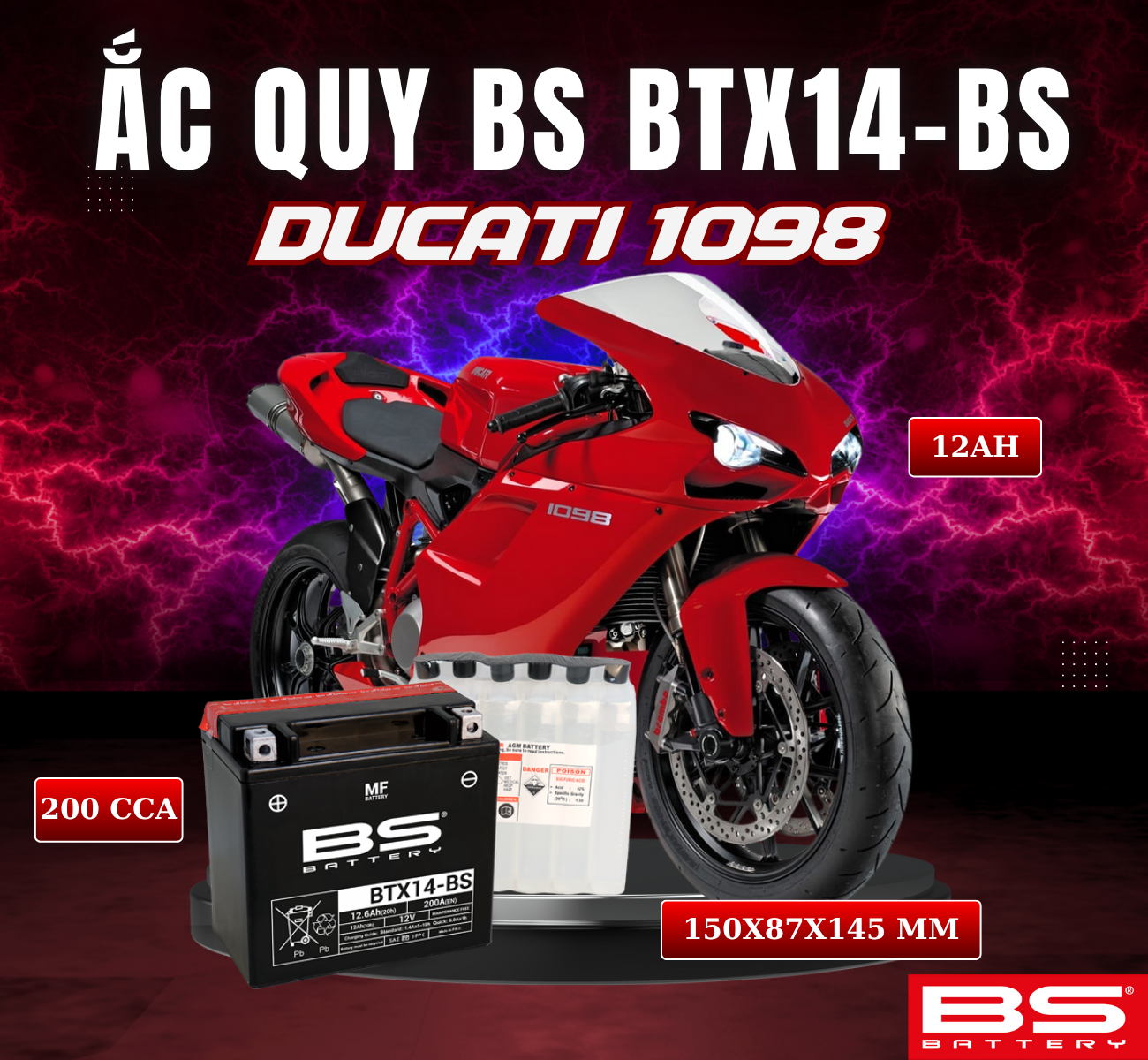 BÌNH ẮC QUY BS BTX14-BS 200CCA DUCATI 1098 '07' (150x87x145 mm)