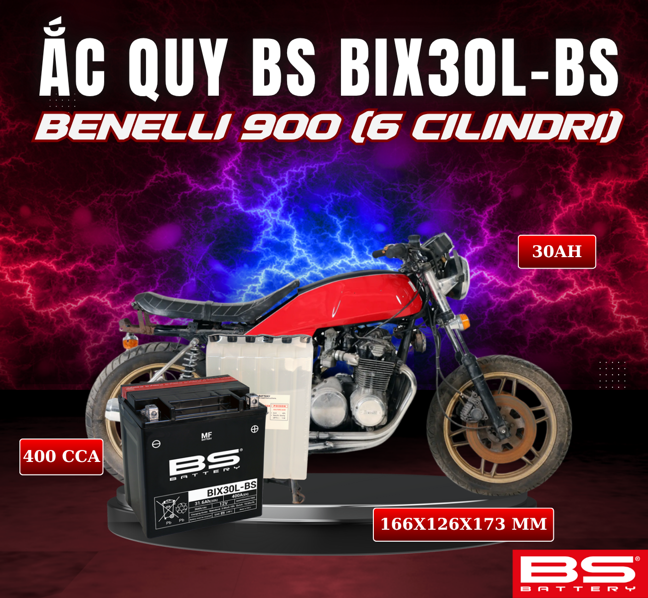 BÌNH ẮC QUY BS BIX30L-BS 400CCA BENELLI 900 (6 CILINDRI) (166x126x173 mm)