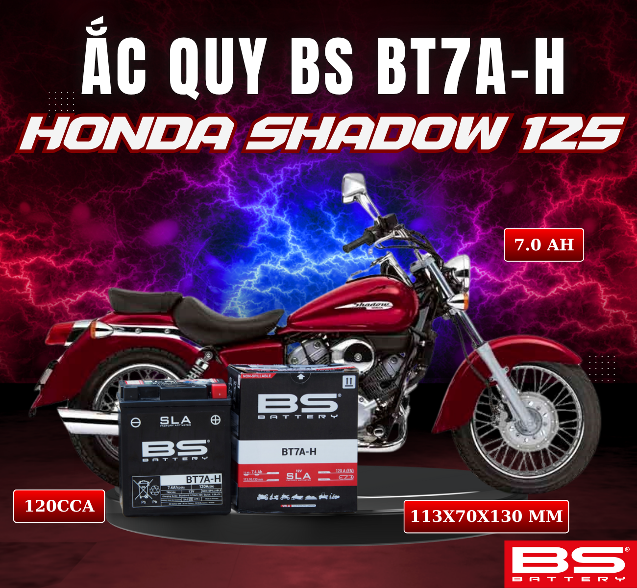 BÌNH ẮC QUY BS BT7A-H 120CCA HONDA SHADOW 125 (113x70x130 mm)