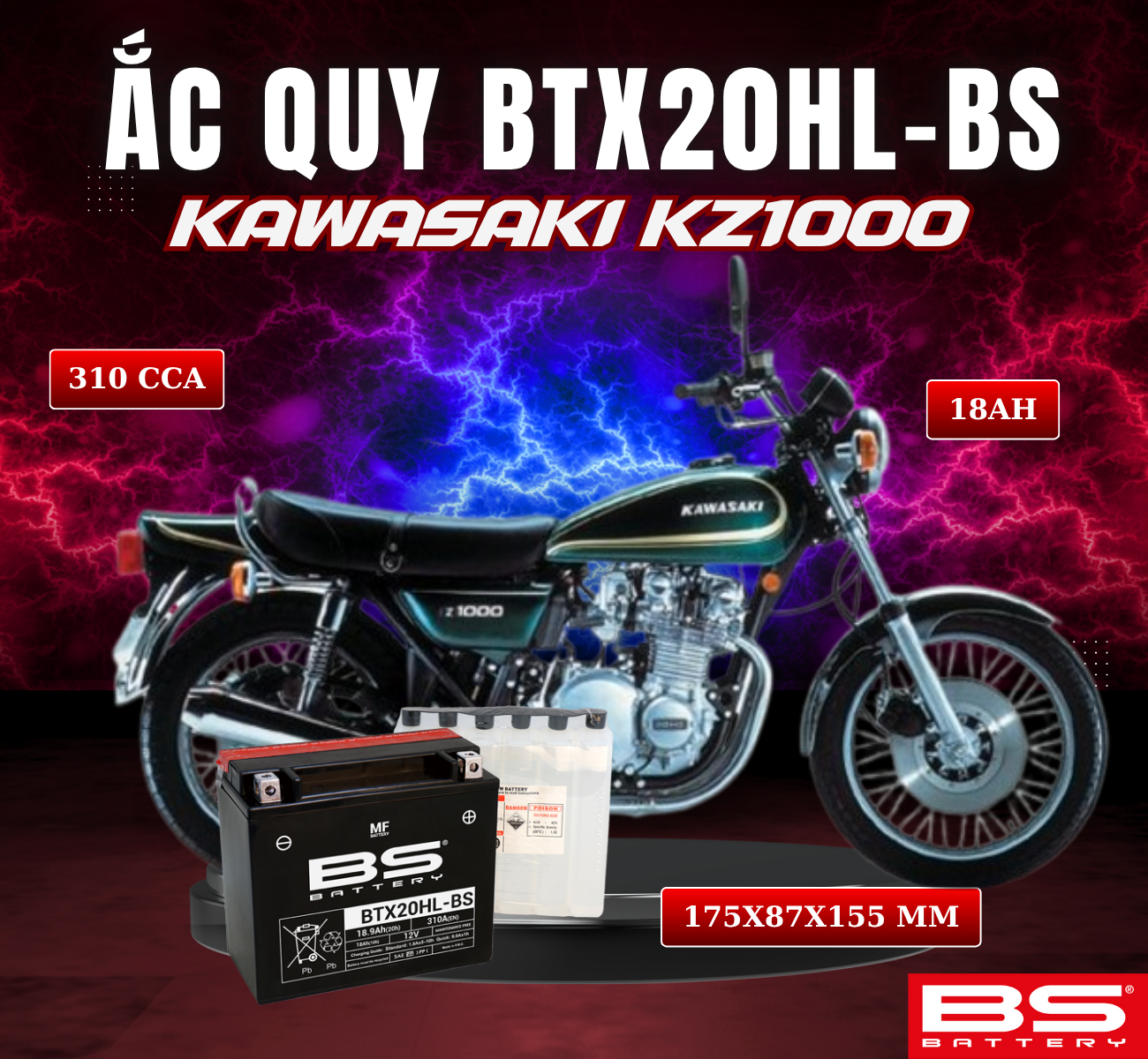 BÌNH ẮC QUY BS BTX20HL-BS 310CCA KAWASAKI KZ1000 (175x87x155 mm)