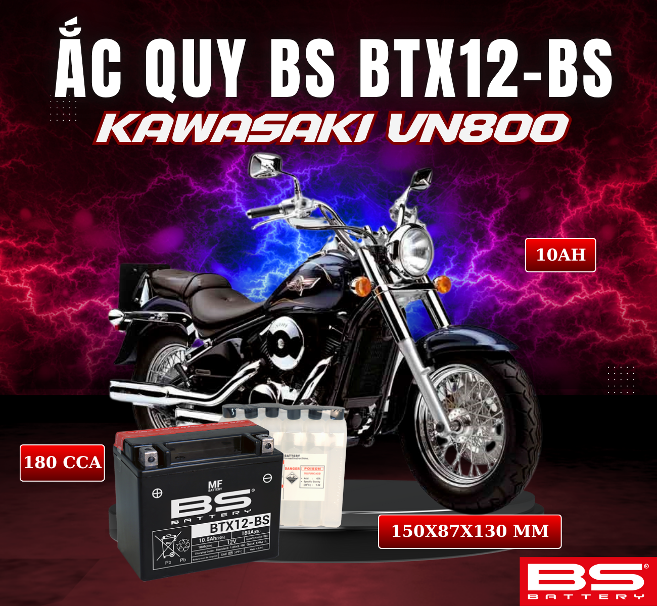 BÌNH ẮC QUY BS BTX12-BS 180CCA KAWASAKI VN800 (150x87x130 mm)