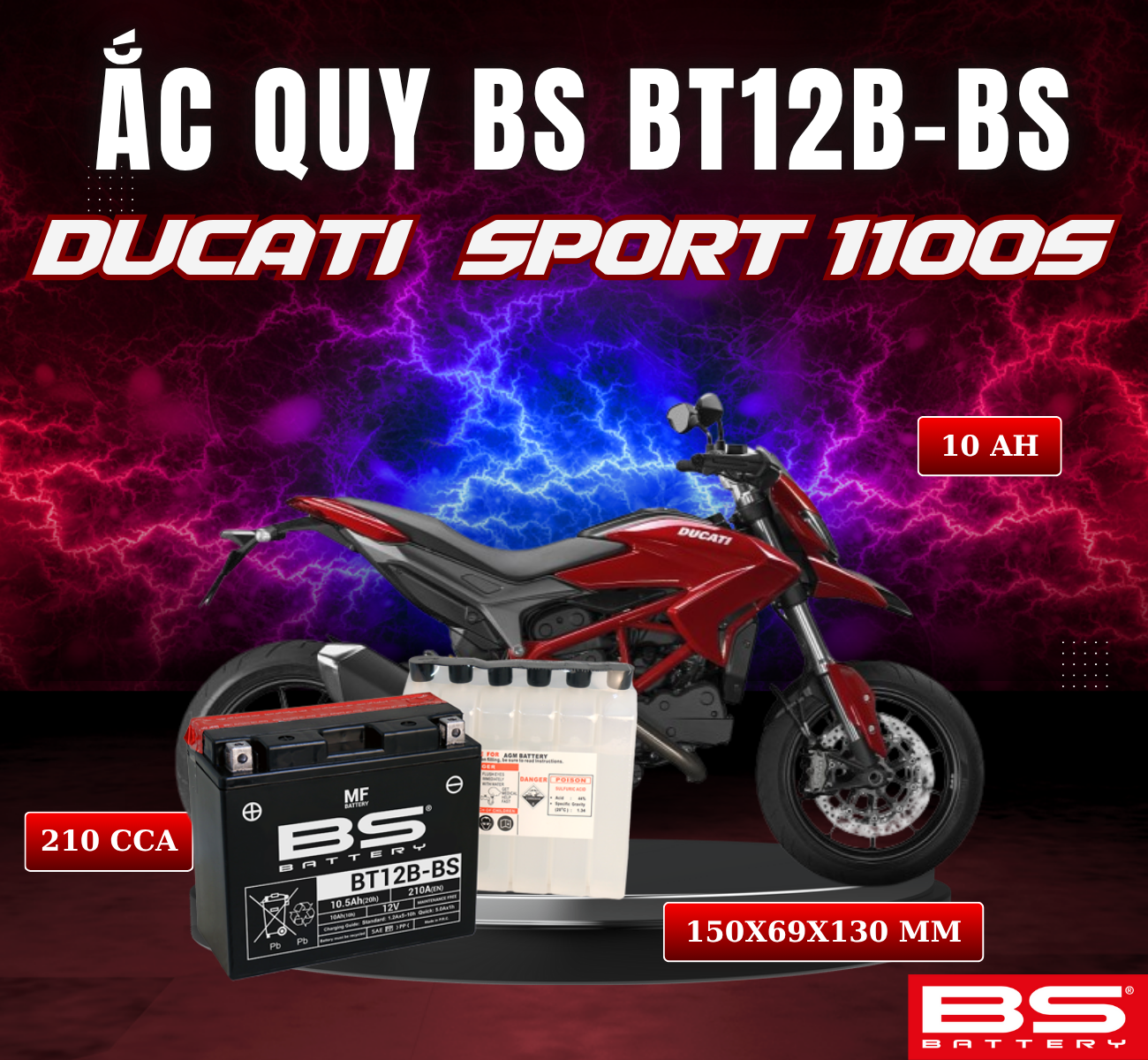 BÌNH ẮC QUY BS BT12B-BS 210CCA SPORT 1100S (150x69x130 mm)