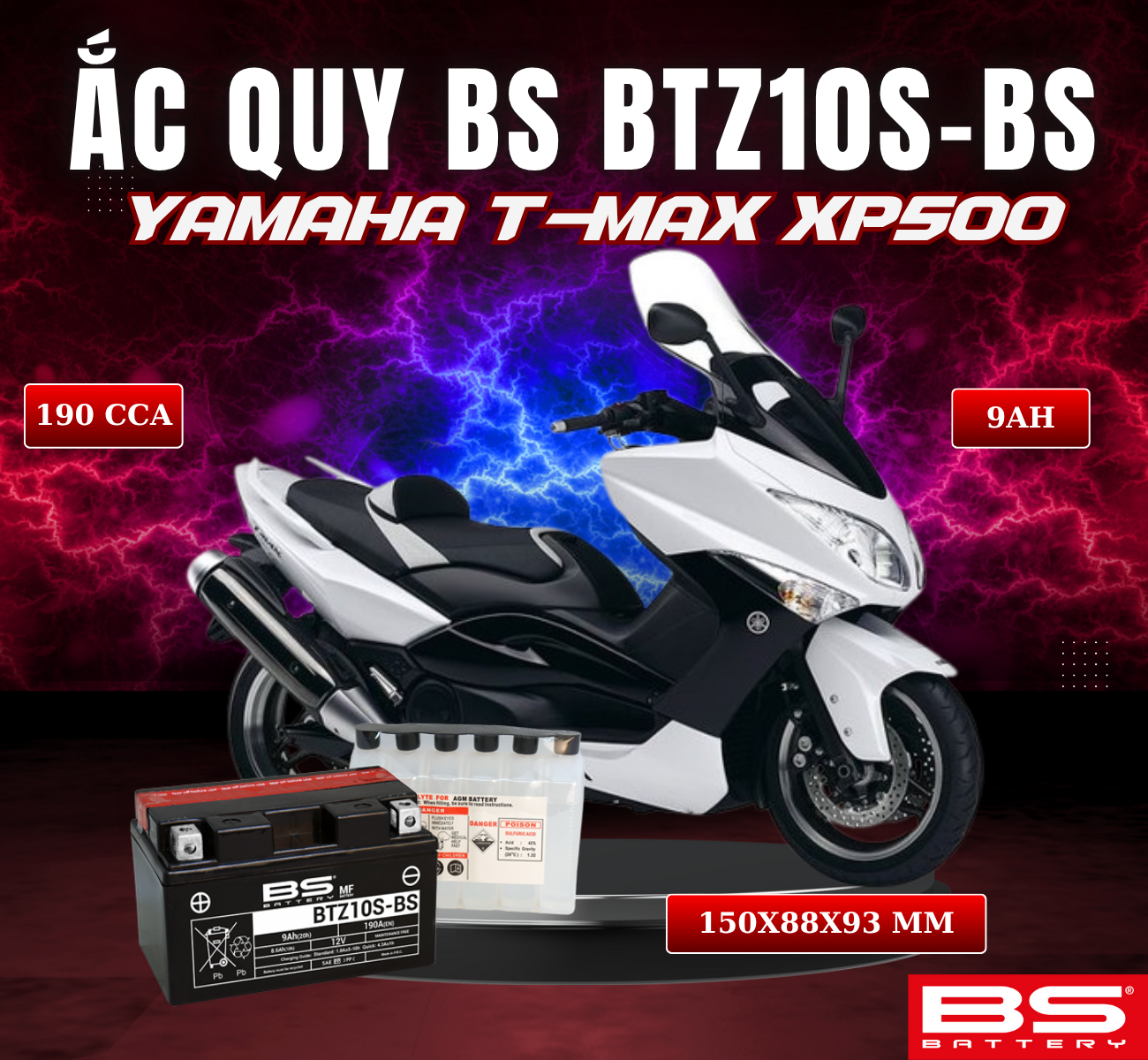 BÌNH ẮC QUY BS BATTERY BTZ10S-BS 190CCA YAMAHA T-MAX XP500 (150 x 88 x 93 mm)