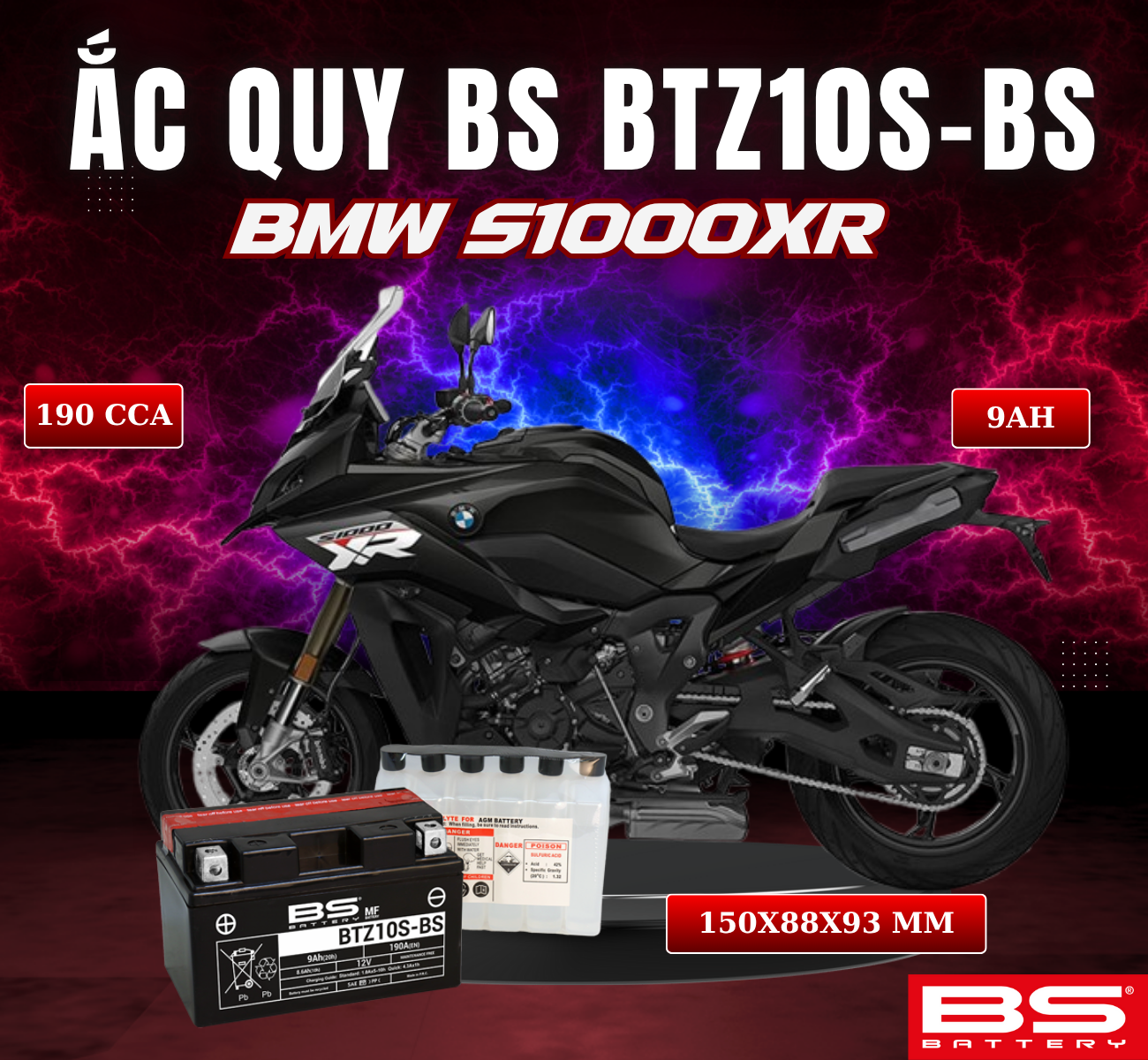 BÌNH ẮC QUY BS BATTERY BTZ10S-BS 190CCA BMW S1000XR (150 x 88 x 93 mm)