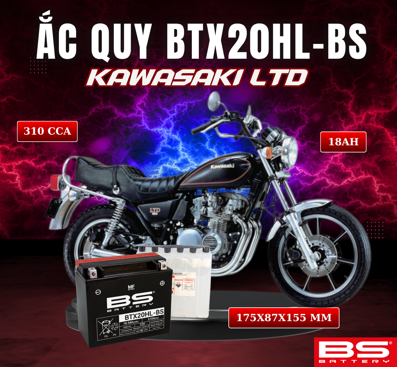 BÌNH ẮC QUY BS BTX20HL-BS 310CCA KAWASAKI LTD (175x87x155 mm)
