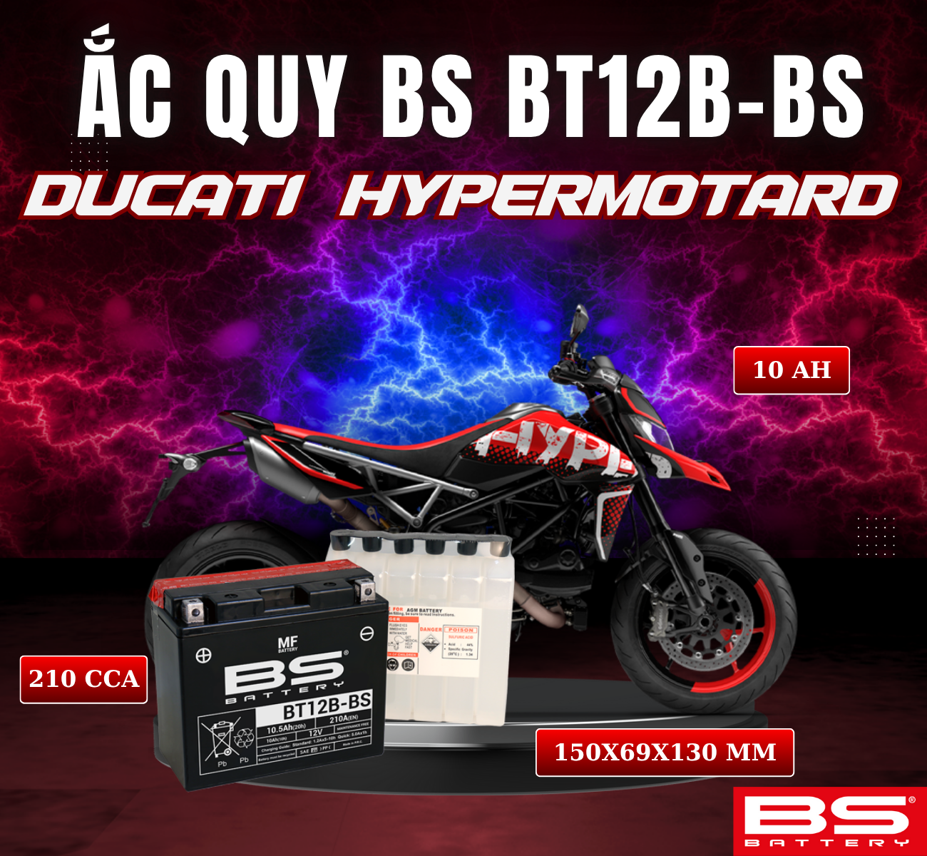 BÌNH ẮC QUY BS BT12B-BS 210CCA DUCATI HYPERMOTARD (150x69x130 mm)