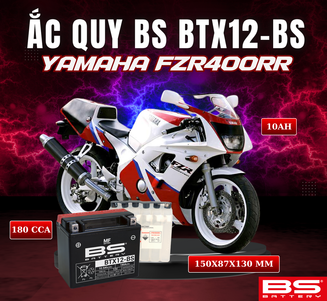 BÌNH ẮC QUY BS BTX12-BS 180CCA YAMAHA FZR400RR (150x87x130 mm)