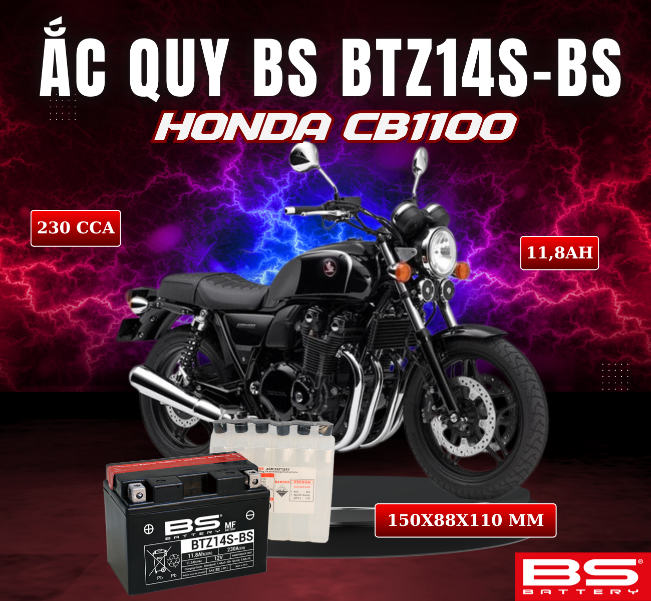 BÌNH ẮC QUY BS BTZ14S-BS 230CCA HONDA CB1100 (150x88x110 mm)