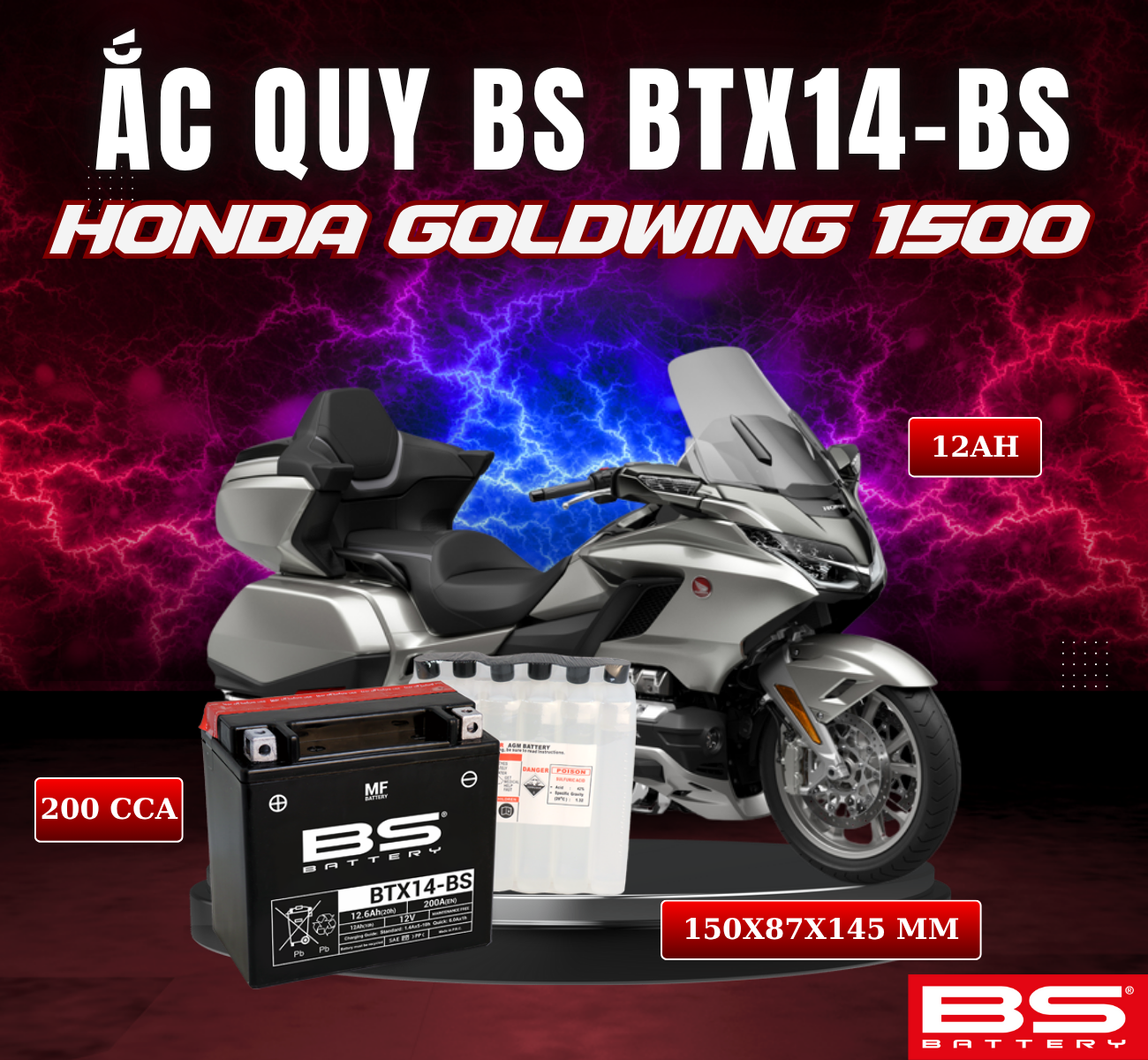 BÌNH ẮC QUY BS BTX14-BS 200CCA HONDA GOLDWING 1500 88-03 (150x87x145 mm)