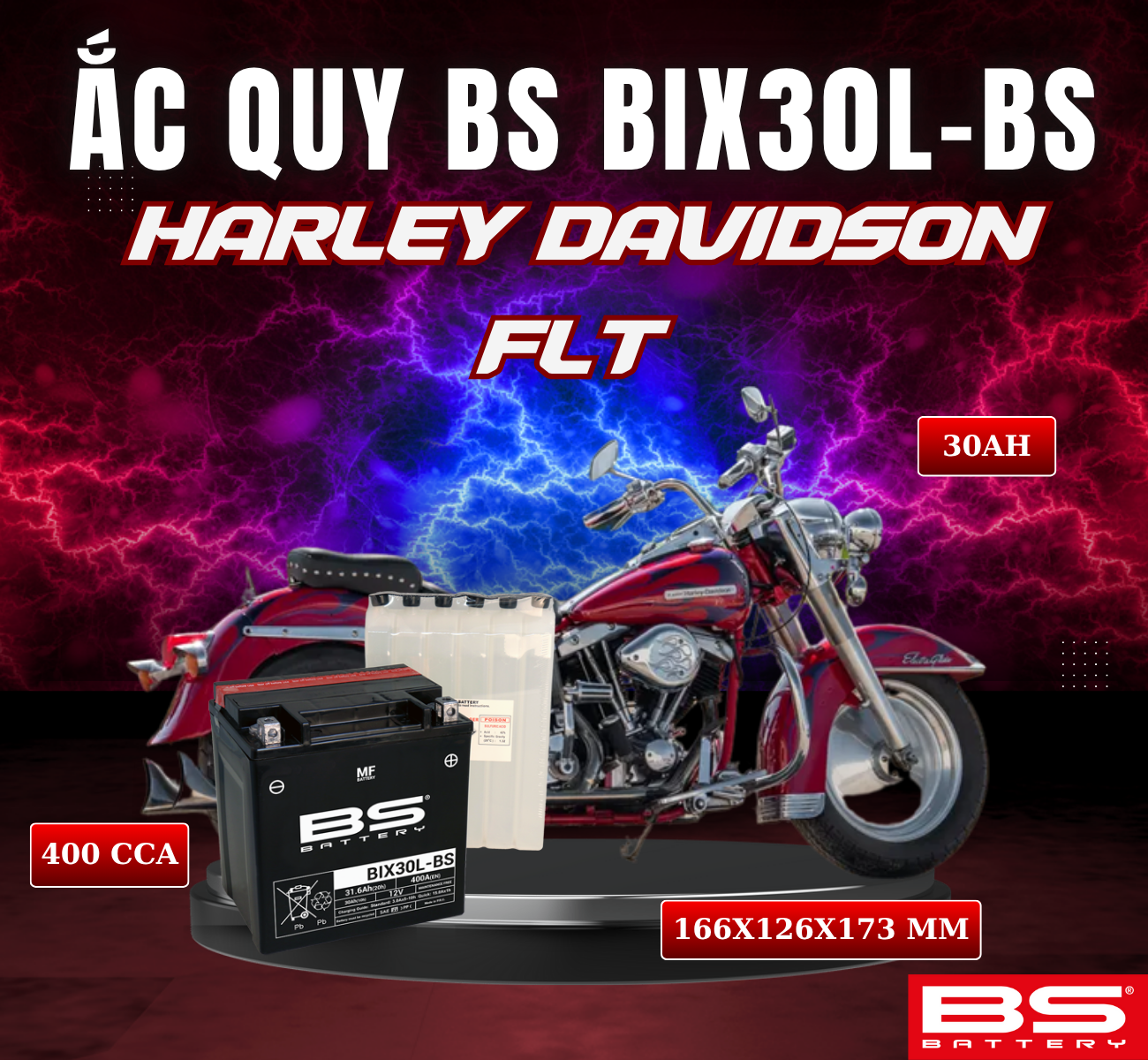 BÌNH ẮC QUY BS BIX30L-BS 400CCA HARLEY DAVIDSON FLT TOURING (166x126x173 mm)
