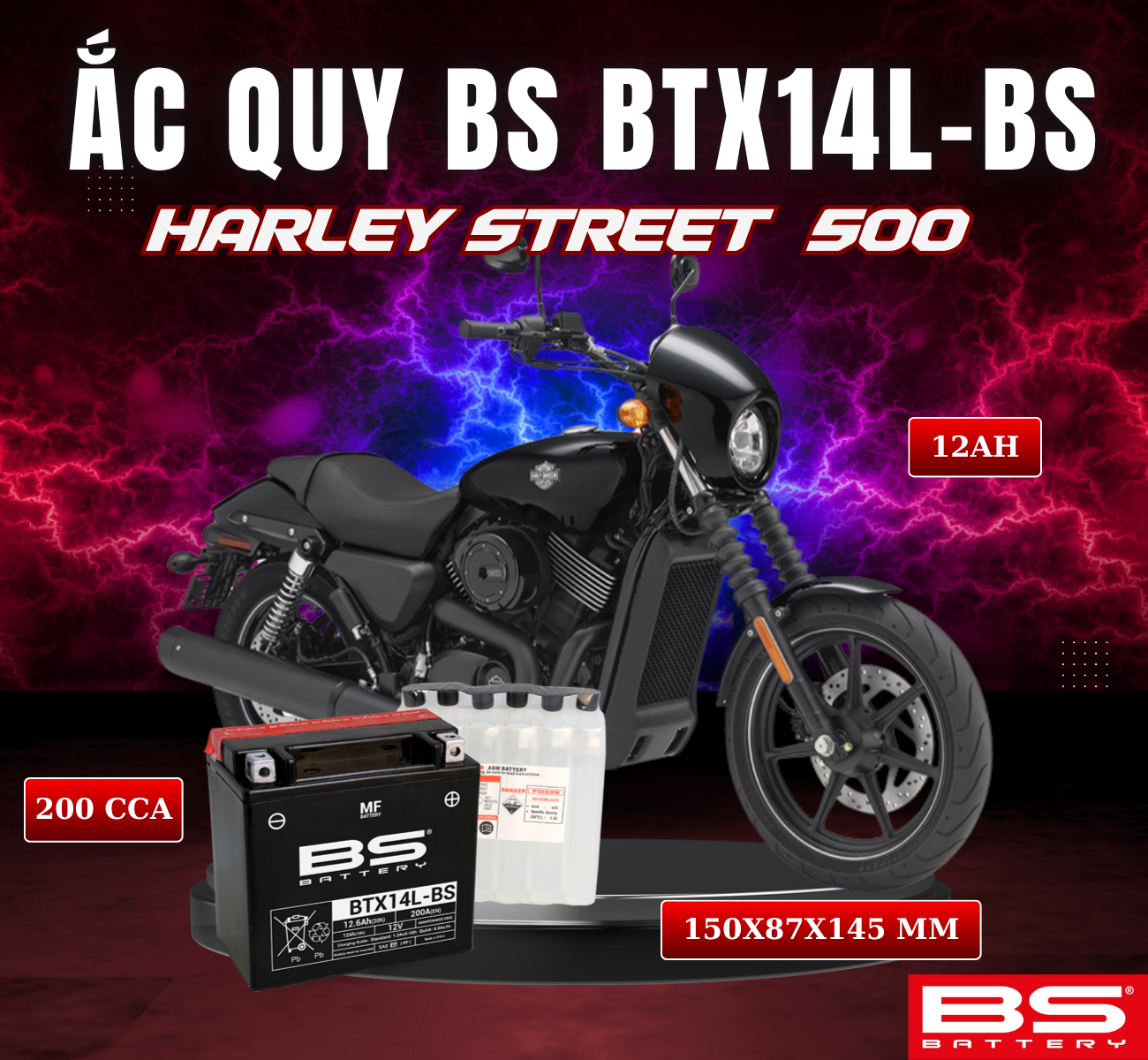 BÌNH ẮC QUY BS BTX14L-BS 200CCA HARLEY DAVIDSON STREET 500 14-15 (150x87x145 mm)