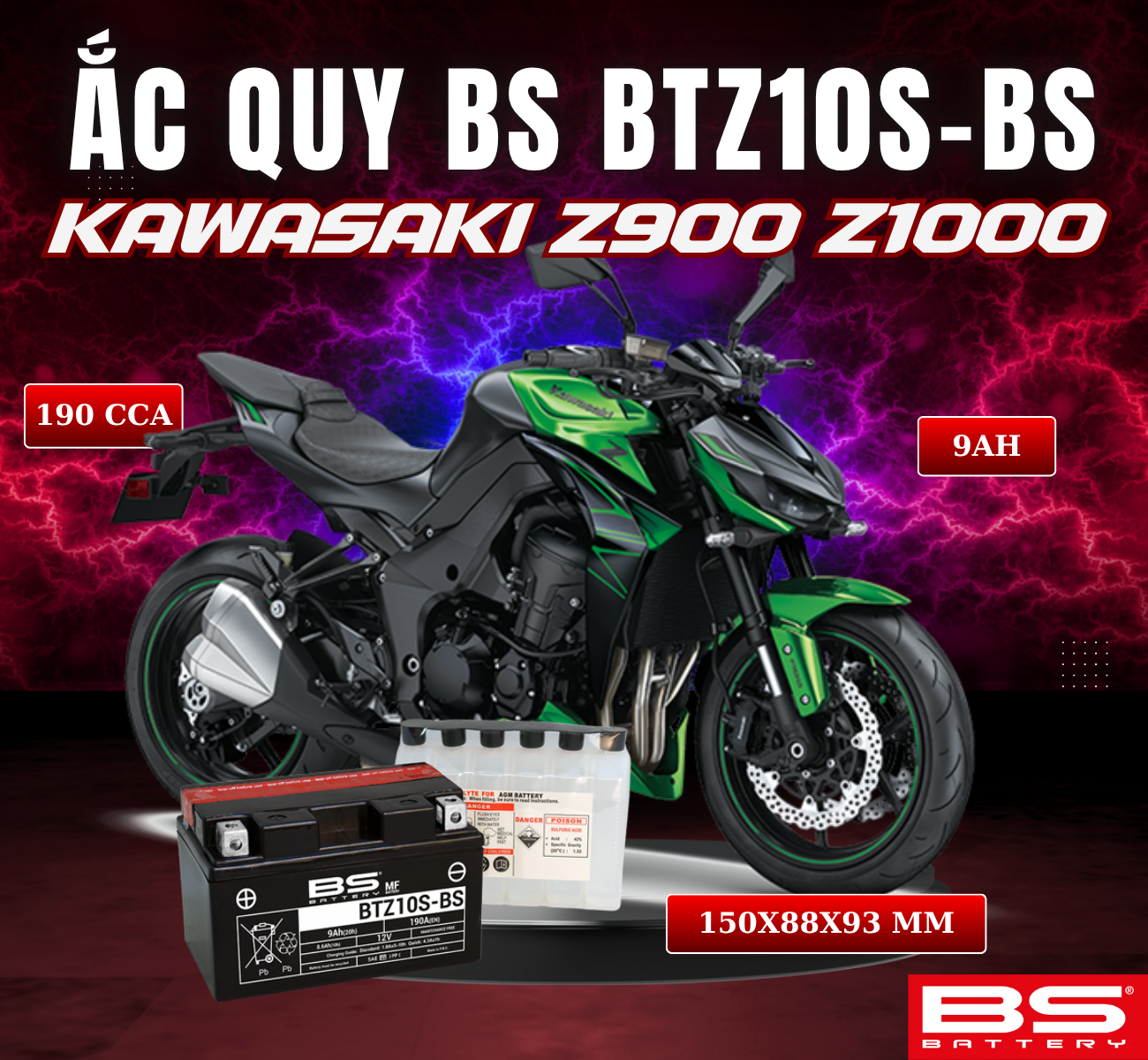 BÌNH ẮC QUY BS BATTERY BTZ10S-BS  190CCA KAWASAKI Z900/ Z1000 (150 x 88 x 93 mm)