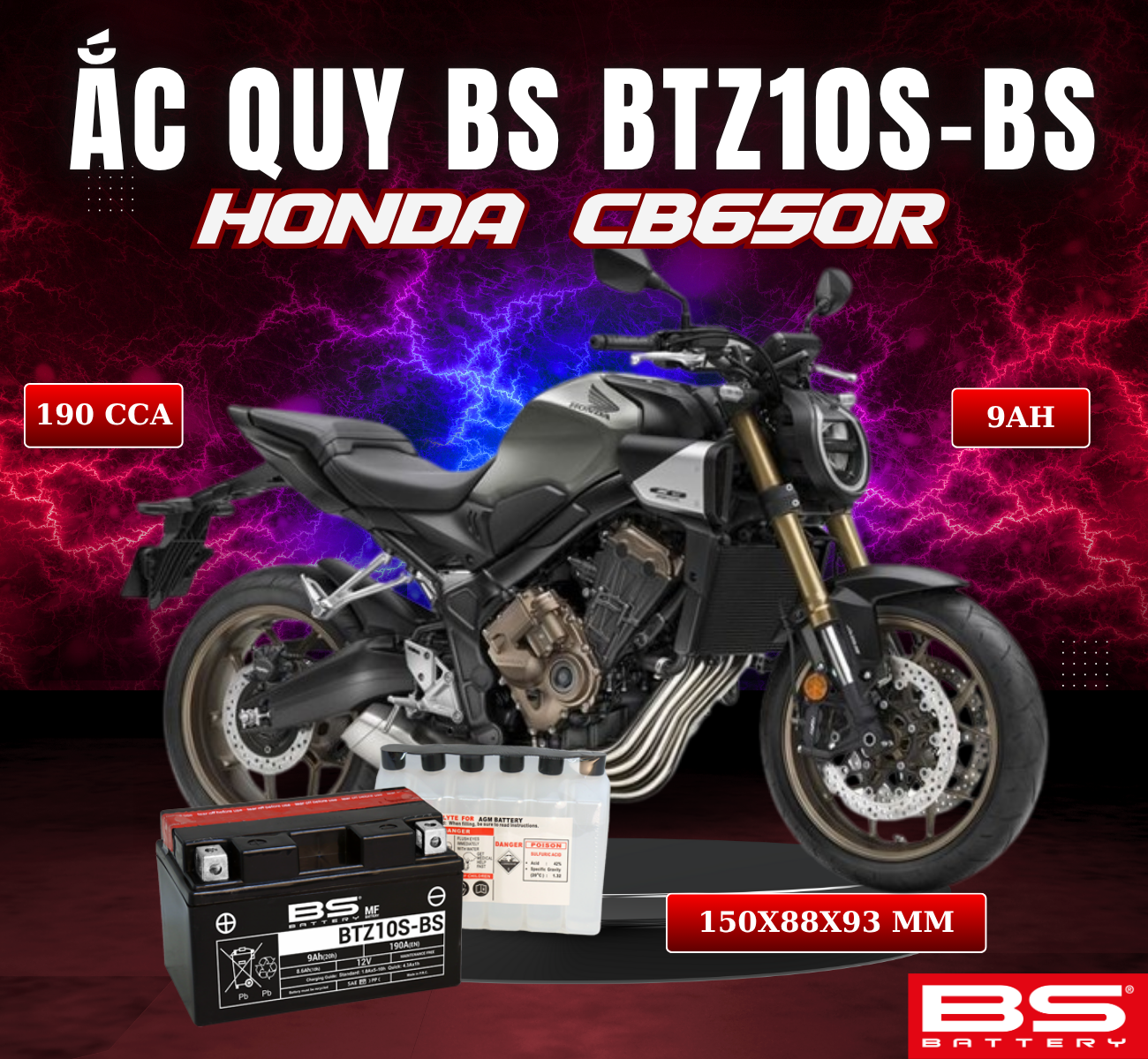 BÌNH ẮC QUY BS BATTERY BTZ10S-BS  190CCA cho HONDA CB650R/ CBR650R/ CB650F (150 x 88 x 93 mm)